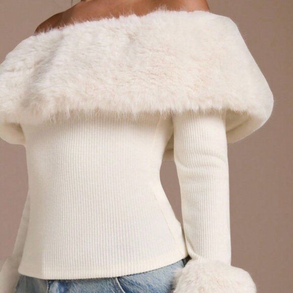 Women's Casual Off Shoulder Fuzzy faux fur detailed  Sweater Top - Picture 4 of 7